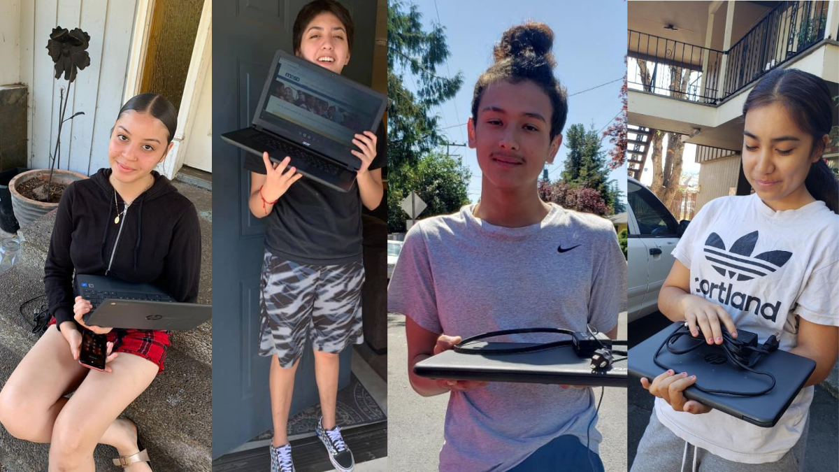 Helensview students pose with laptops
